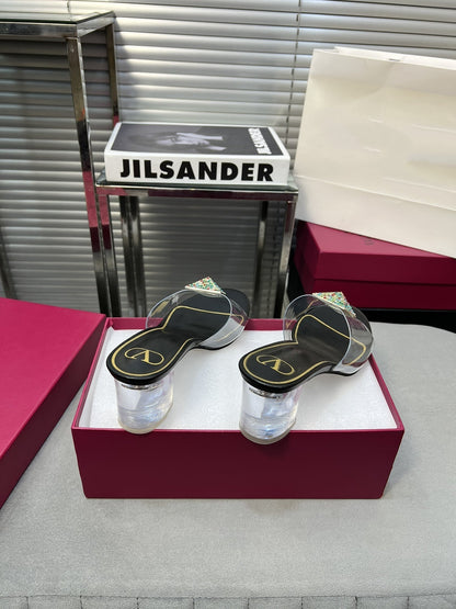 Heeled Sandals 6cm with Crystal Square Buckle Black