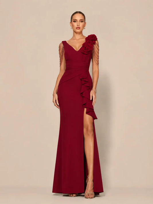 Arabelle Romantic Contour V Neck Pleated Floral Maxi Dress