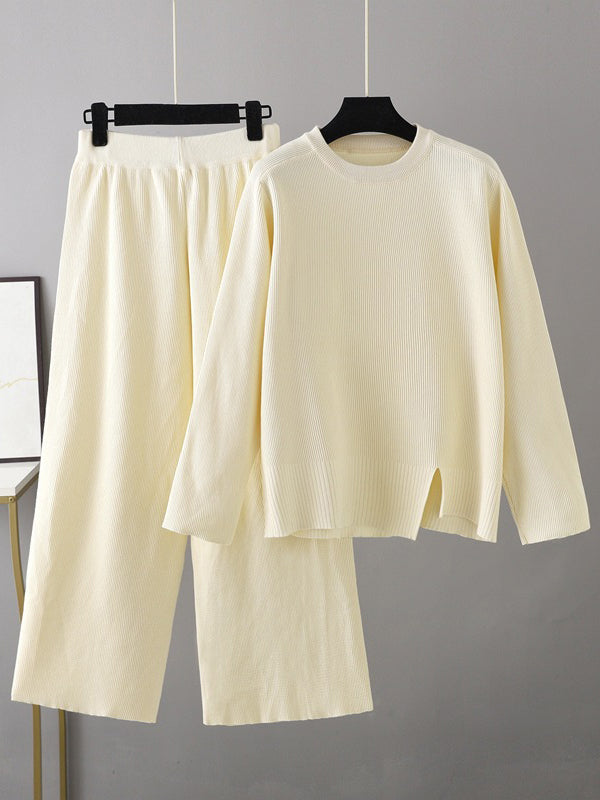 Casual Long Sleeves Irregularity Split-Front Round-Neck Sweater Tops & Wide Leg Pants Two Pieces Set
