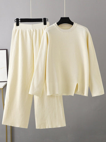 Casual Long Sleeves Irregularity Split-Front Round-Neck Sweater Tops & Wide Leg Pants Two Pieces Set