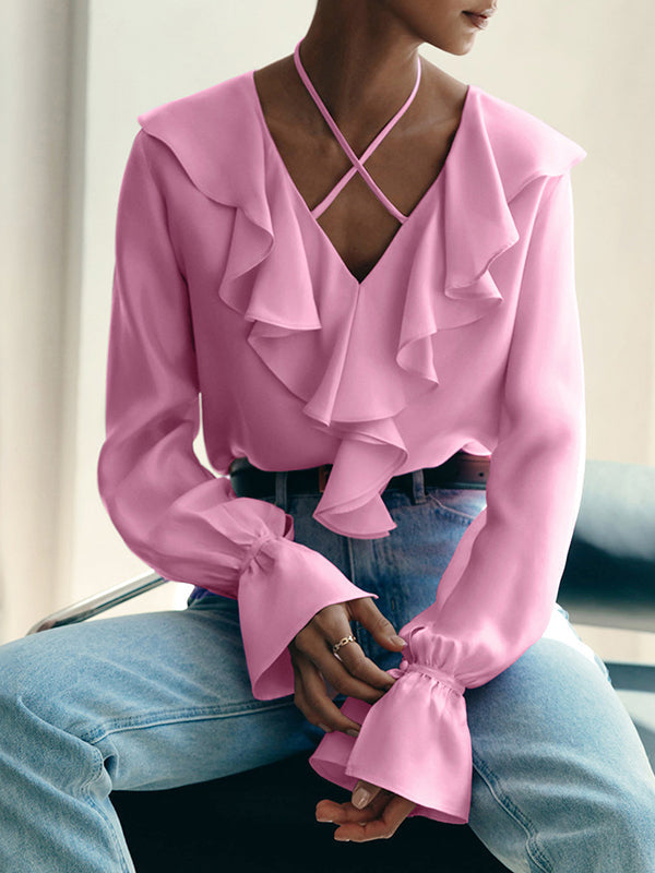 Long Sleeves Loose Falbala Lace-Up Solid Color Split-Joint V-Neck Blouses