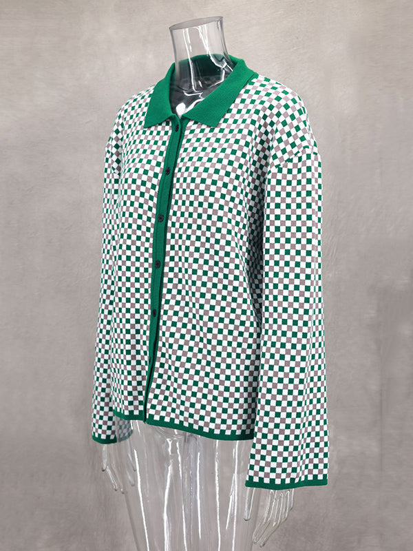 Long Sleeves Loose Plaid Split-Joint Lapel Cardigan Tops Sweater Tops