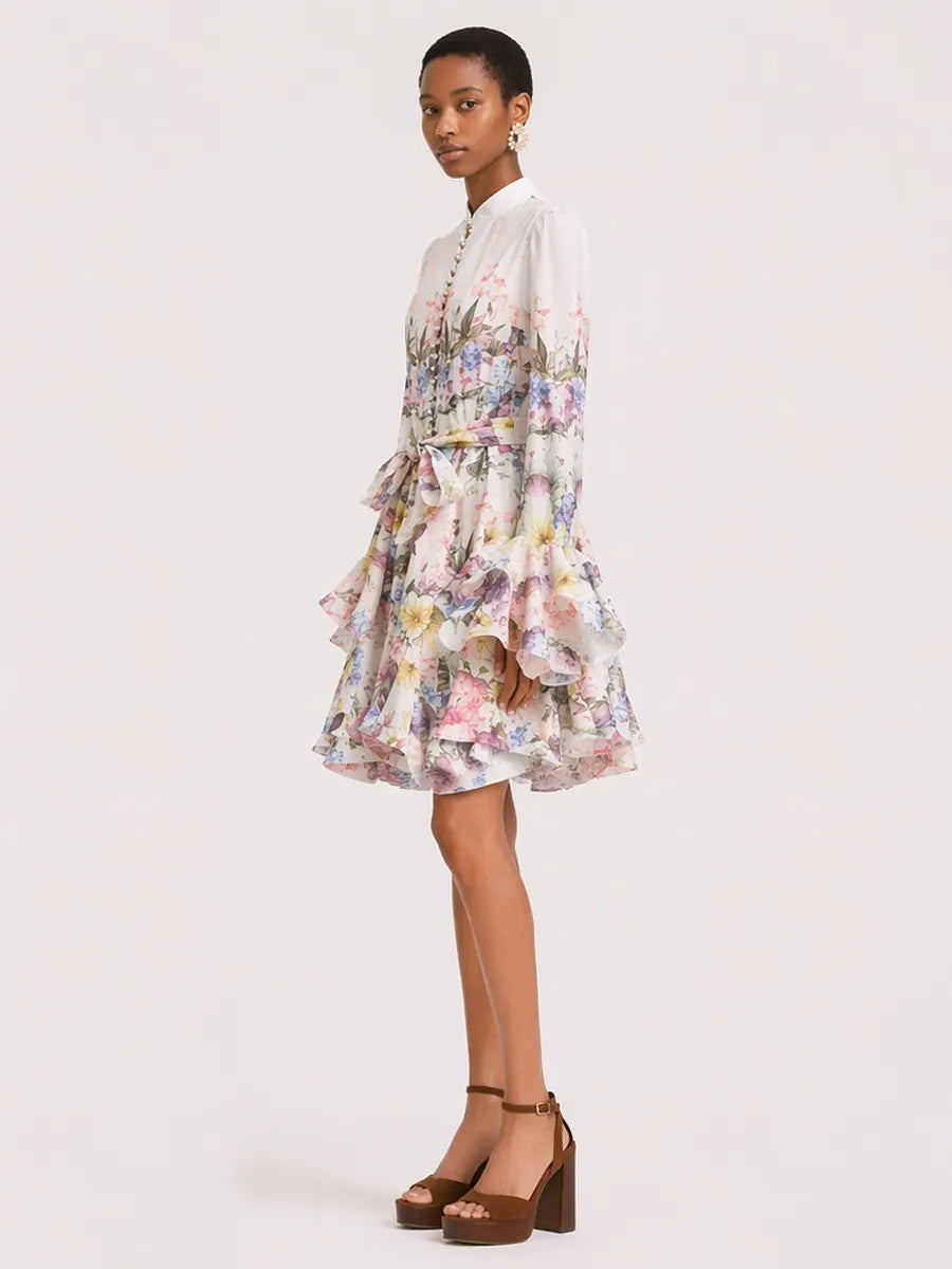 Ivy Long-Sleeve Printed Linen Mini Dress