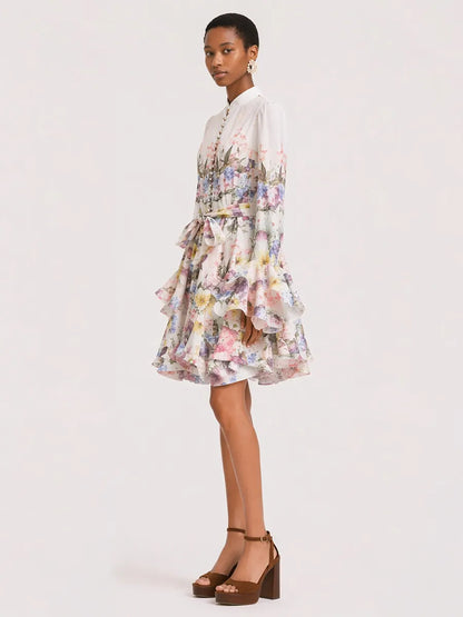 Ivy Long-Sleeve Printed Linen Mini Dress