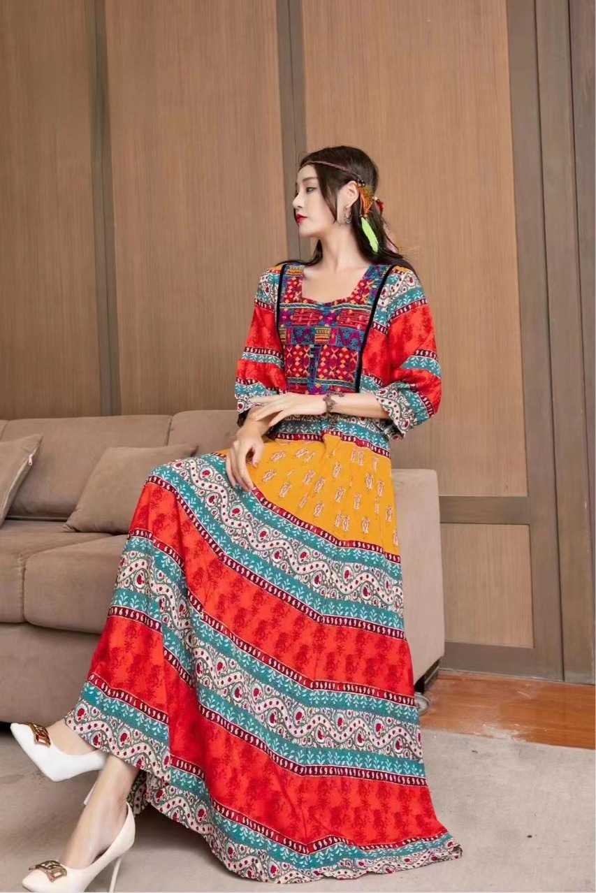 Bohemian Ethnic Style Big Swing Embroidery Dress Women'S Long Dress