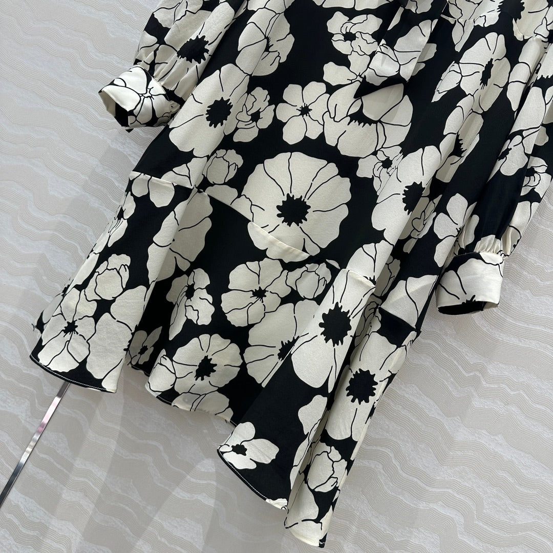 Celine Flower Dress Black mix White Silk