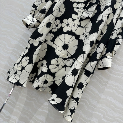 Celine Flower Dress Black mix White Silk