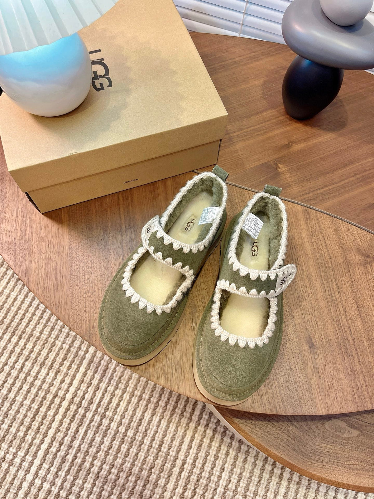 UGG Tazz Mary Jane Shoes Light Olive Green Suede Shearing