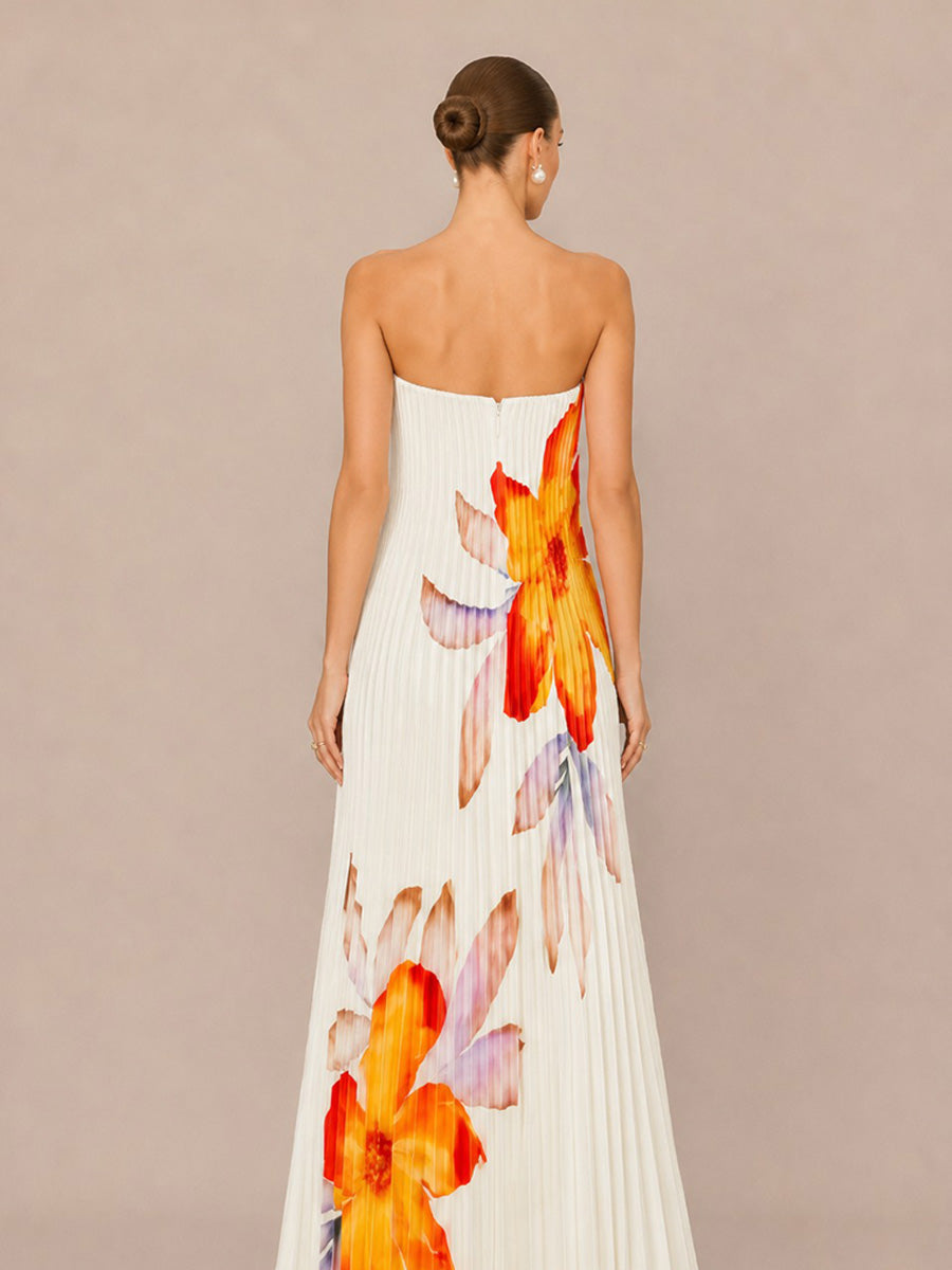 Mariana Printed Strapless Loose Maxi Dress with Elaborate Pleating