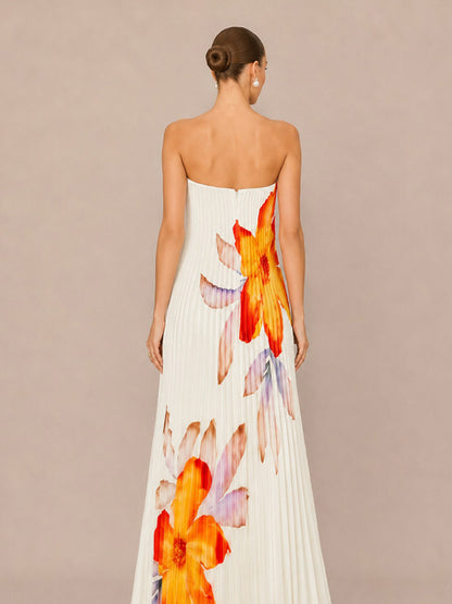 Mariana Printed Strapless Loose Maxi Dress with Elaborate Pleating