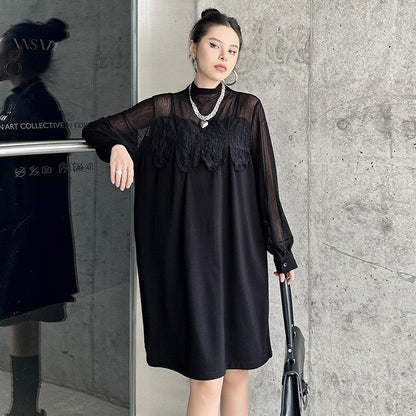 Hollow-Out Lace & Mesh Paneled Dress - Loose Fit, Luxury Feel, Elegant Mid-Length Dress For Women