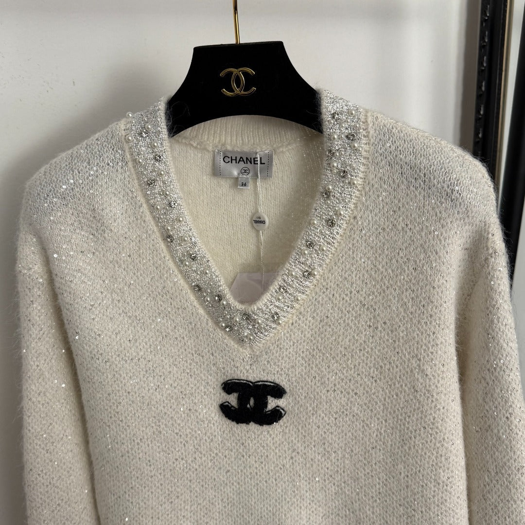 Chanel Rhinestone-Studded V-Neck Long-Sleeve White Wool Knit Sweater