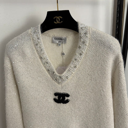 Chanel Rhinestone-Studded V-Neck Long-Sleeve White Wool Knit Sweater