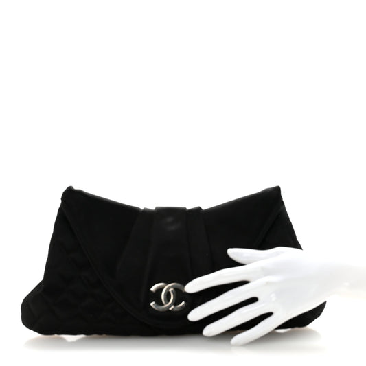 Satin Quilted Half Moon Clutch  Black