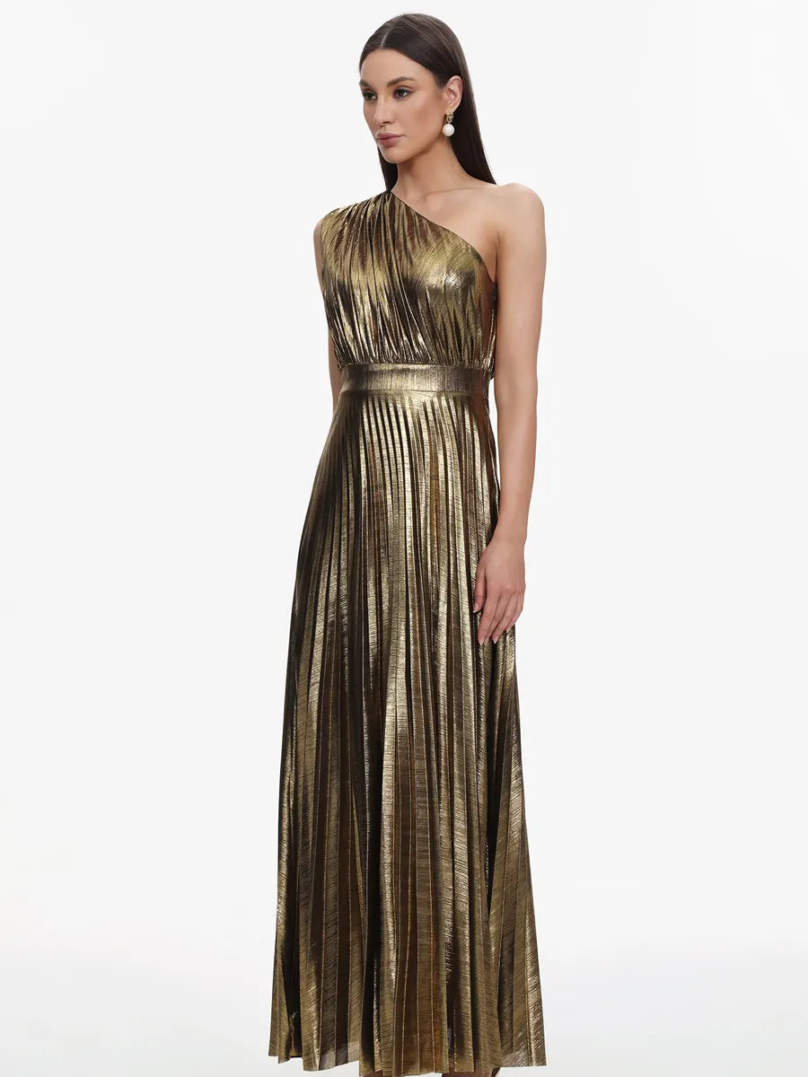 Lila Glamorous One Shoulder Pleated Metallic Maxi Dress