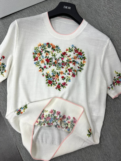 CD Dioramour Short-Sleeved Embroidered Sweater White Wool 349487