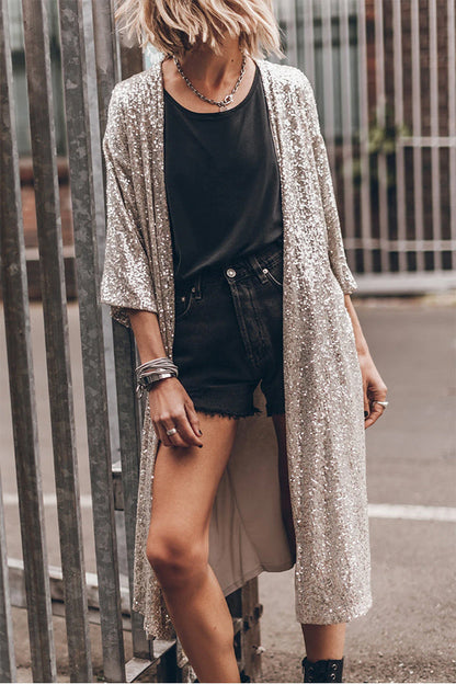 Apricot Sequin 3\/4 Sleeve Open Front Duster Cardigan