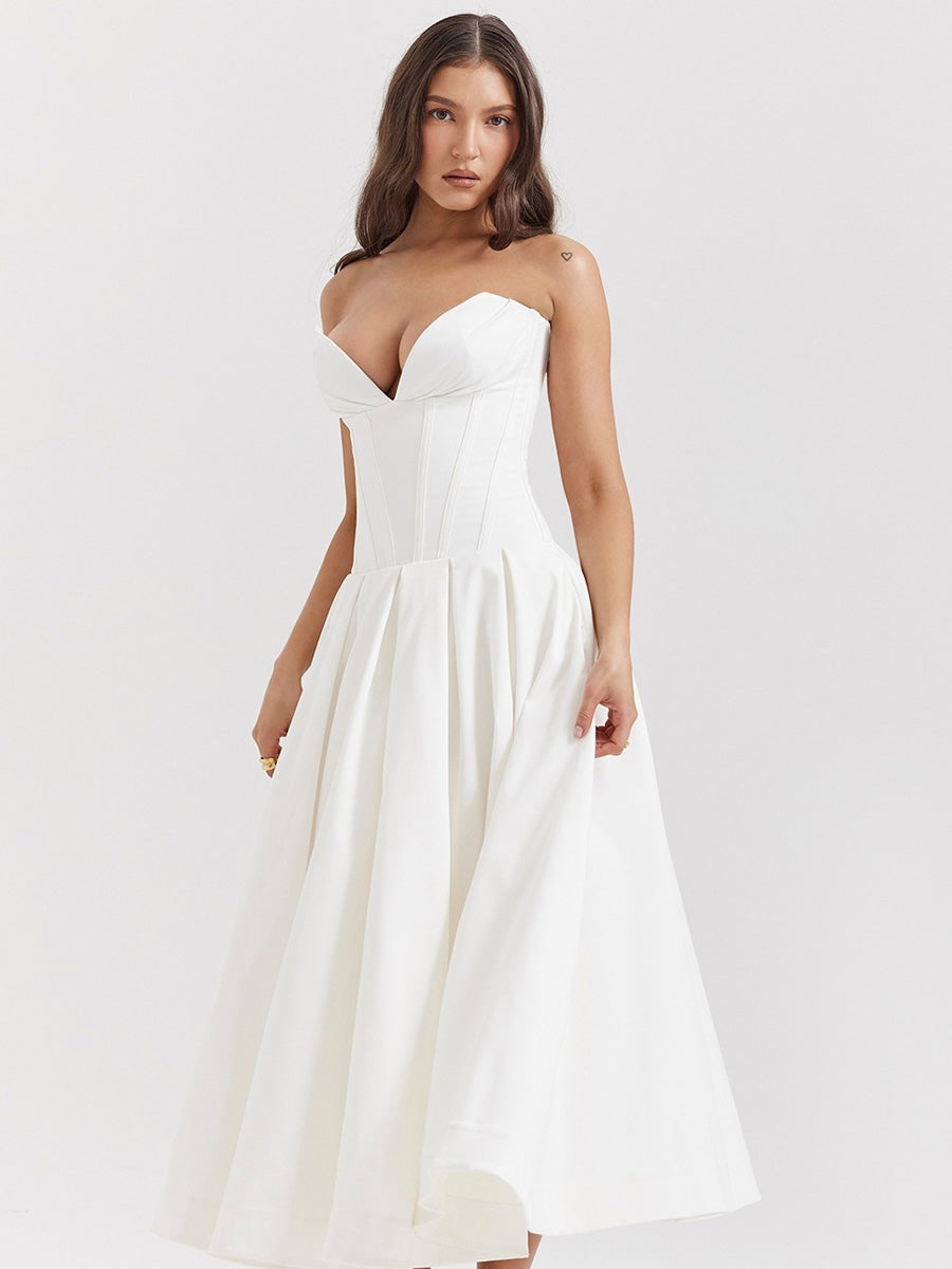 Aria Off-Shoulder Corset Midi Dress In White
