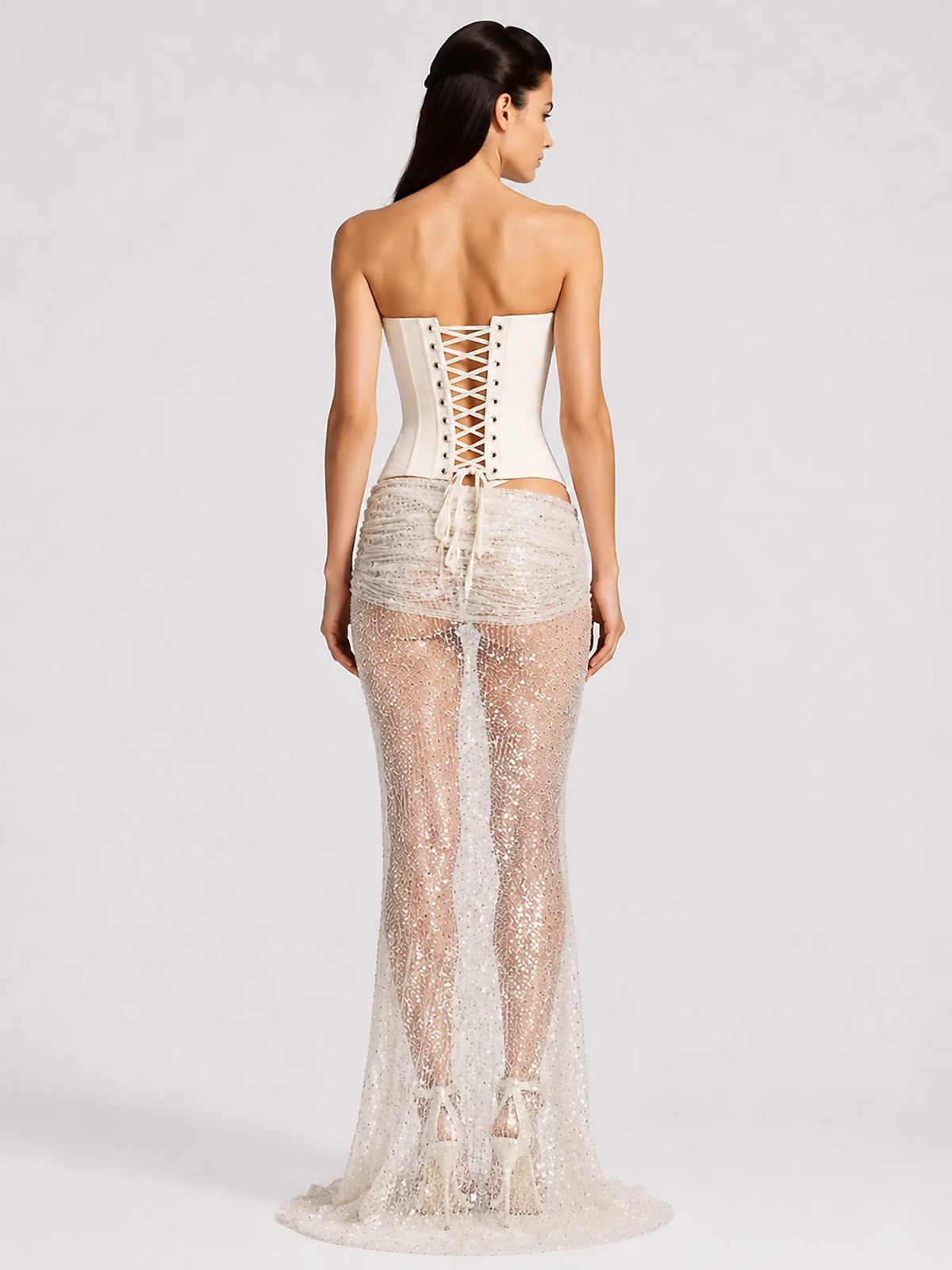 Arianne Sequin Sheer Mesh Maxi Skirt Set In White
