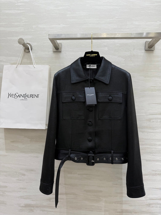 YSL 25 Cracked Pleated Jacket Black Acetate