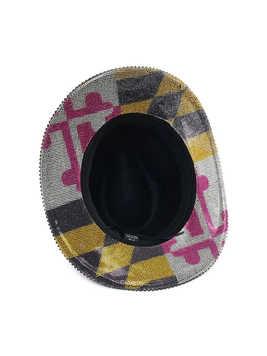 Leilani Color-Block Denim Hat with Rhinestone Embellishments