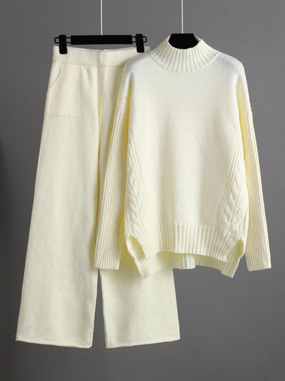 Urban High-Low Wide Leg Split-Side Solid Color Half Turtleneck Sweater Tops Pants Two Pieces Set
