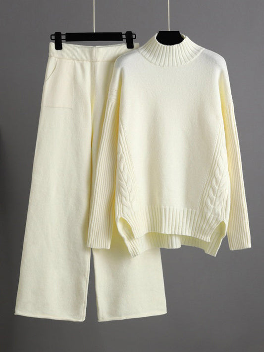 Urban High-Low Wide Leg Split-Side Solid Color Half Turtleneck Sweater Tops Pants Two Pieces Set