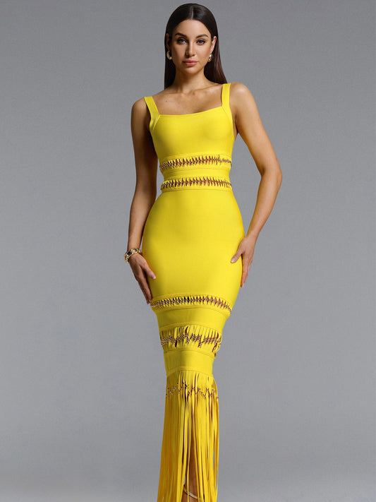 Acacia Sleeveless Beaded Fringe Bandage Maxi Dress