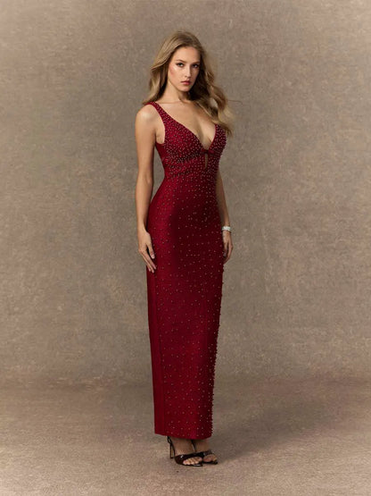 Lumi Beaded Plunging V‑Neck Maxi Dress