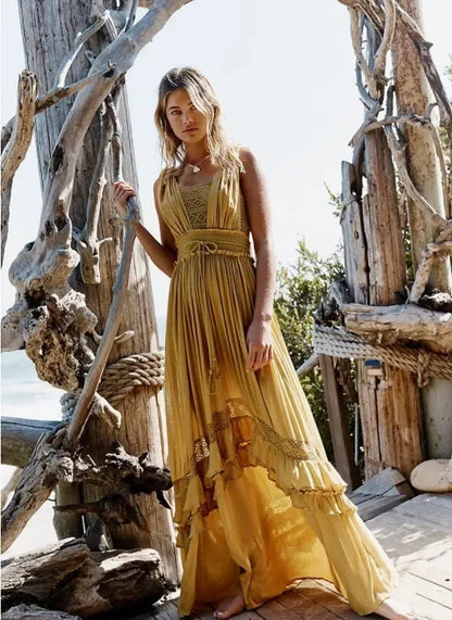 Canwedance Summer Beach Dress Sleeveless Cotton Maxi Dresses Boho Style Solid Color Lace Ruffled Sundress Mujer Vestidos