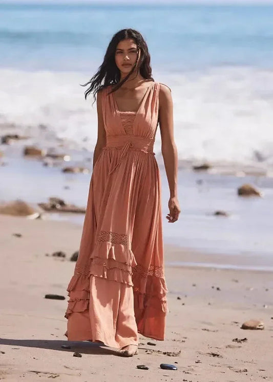 Canwedance Summer Beach Dress Sleeveless Cotton Maxi Dresses Boho Style Solid Color Lace Ruffled Sundress Mujer Vestidos