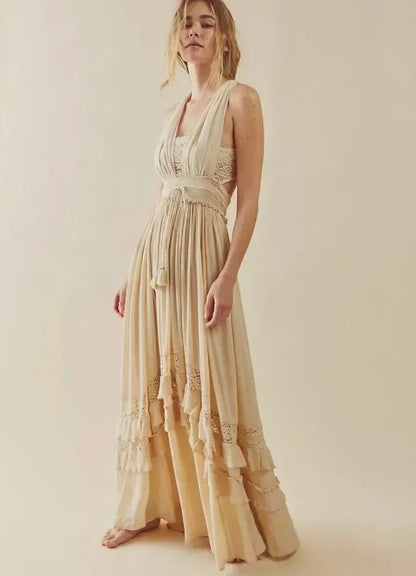 Canwedance Summer Beach Dress Sleeveless Cotton Maxi Dresses Boho Style Solid Color Lace Ruffled Sundress Mujer Vestidos