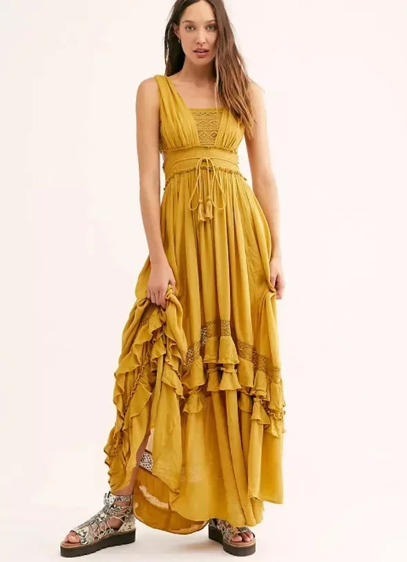 Canwedance Summer Beach Dress Sleeveless Cotton Maxi Dresses Boho Style Solid Color Lace Ruffled Sundress Mujer Vestidos