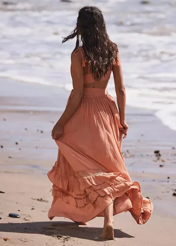 Canwedance Summer Beach Dress Sleeveless Cotton Maxi Dresses Boho Style Solid Color Lace Ruffled Sundress Mujer Vestidos
