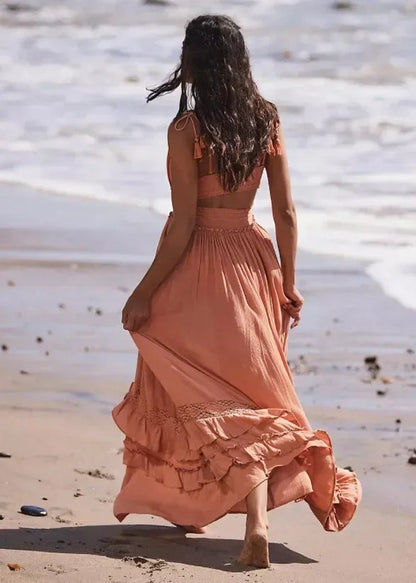 Canwedance Summer Beach Dress Sleeveless Cotton Maxi Dresses Boho Style Solid Color Lace Ruffled Sundress Mujer Vestidos