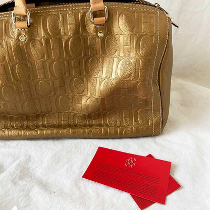 Carolina Herrera Gold Monogram Leather Andy Boston Bag