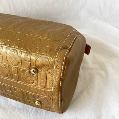 Carolina Herrera Gold Monogram Leather Andy Boston Bag