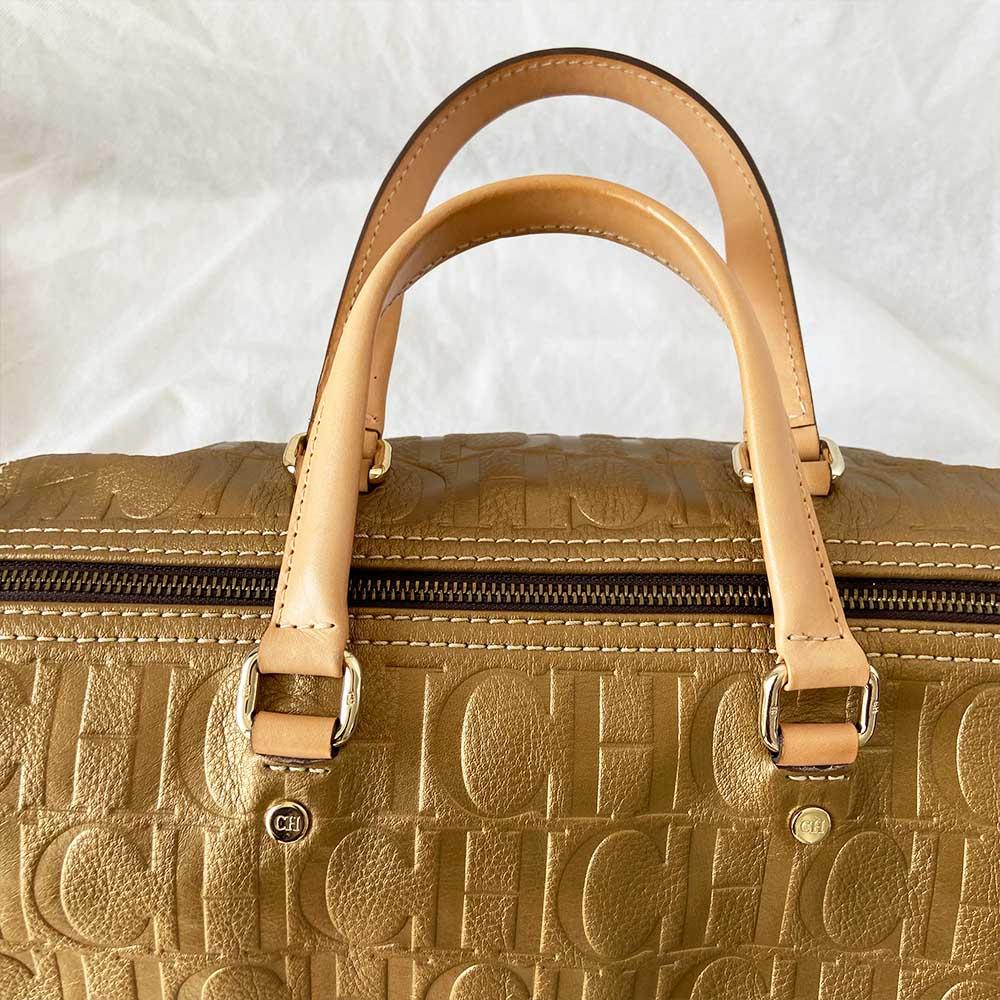 Carolina Herrera Gold Monogram Leather Andy Boston Bag