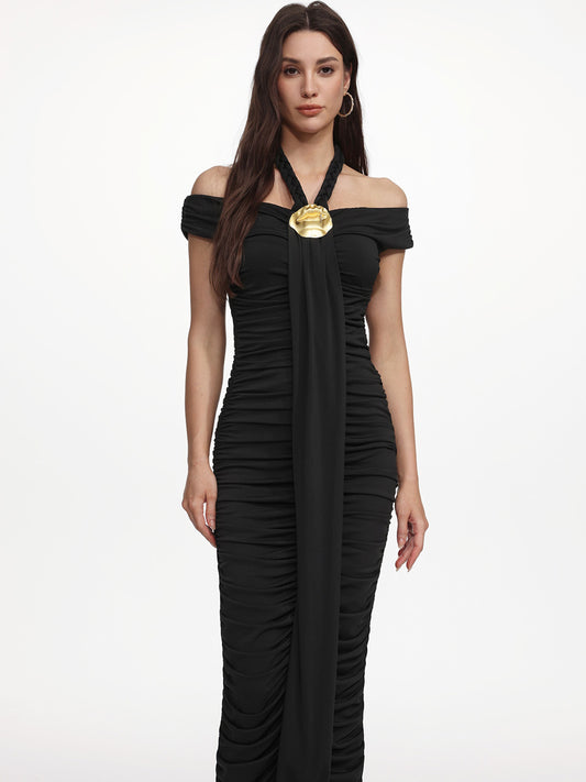 Isla Elegant Contour Sleeveless Ruched Knit Maxi Dress