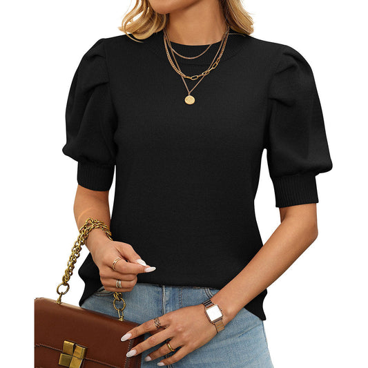 Round Neck Bubble Sleeve Solid Color Short Sleeve Sweater