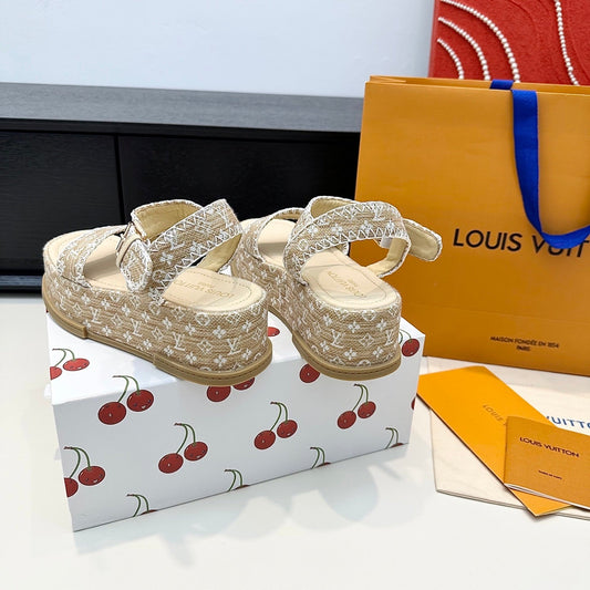 LV Maya Platform Sandals 6cm Beige Cowhide Denim 572498
