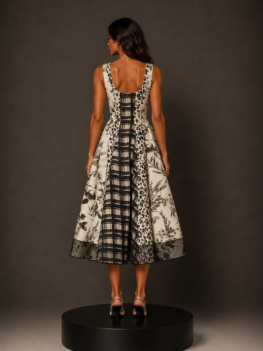 Noelle Ink Painting Print Square Neck Sleeveless Midi Dress