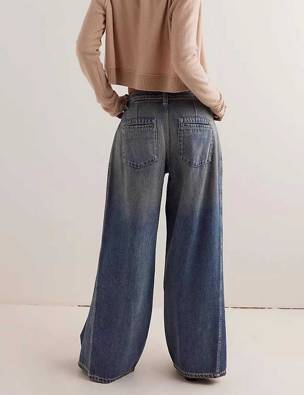 Distressed Washed Mid Waist Wide Leg Denim Pants