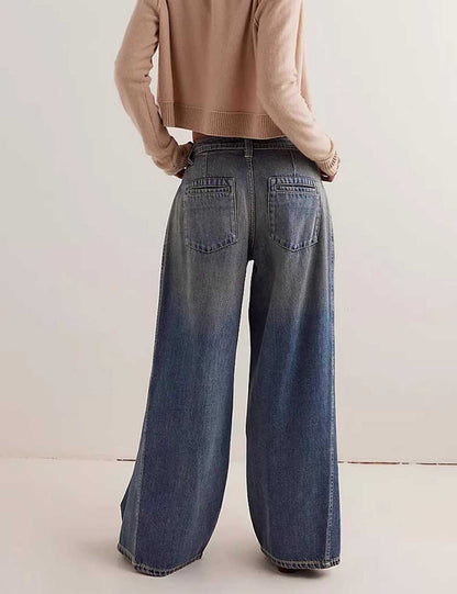 Distressed Washed Mid Waist Wide Leg Denim Pants