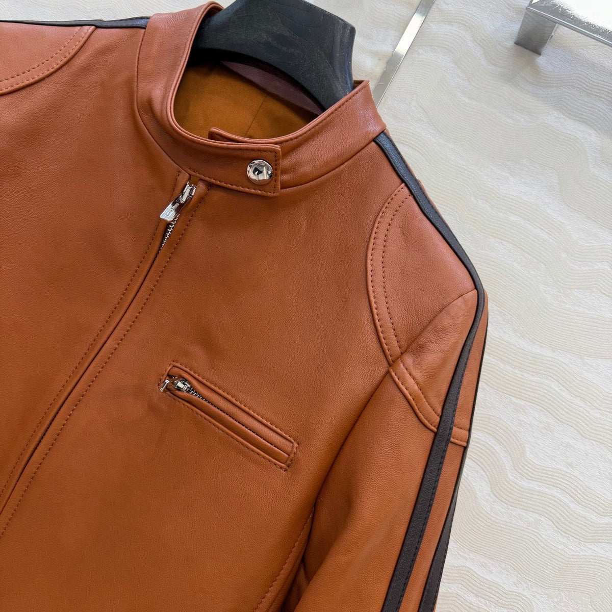 Miu SS26 Nappa Leather Jacket Stripes Brandy Lambskin 351105