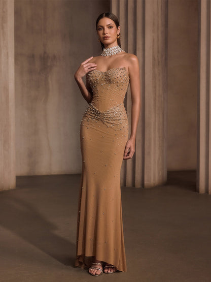 Malia Strapless Rhinestone Corset Maxi Dress