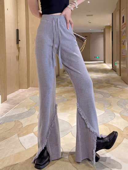 High Waisted Wide Leg Drawstring Fringed Solid Color Split-Front Bell-Bottoms