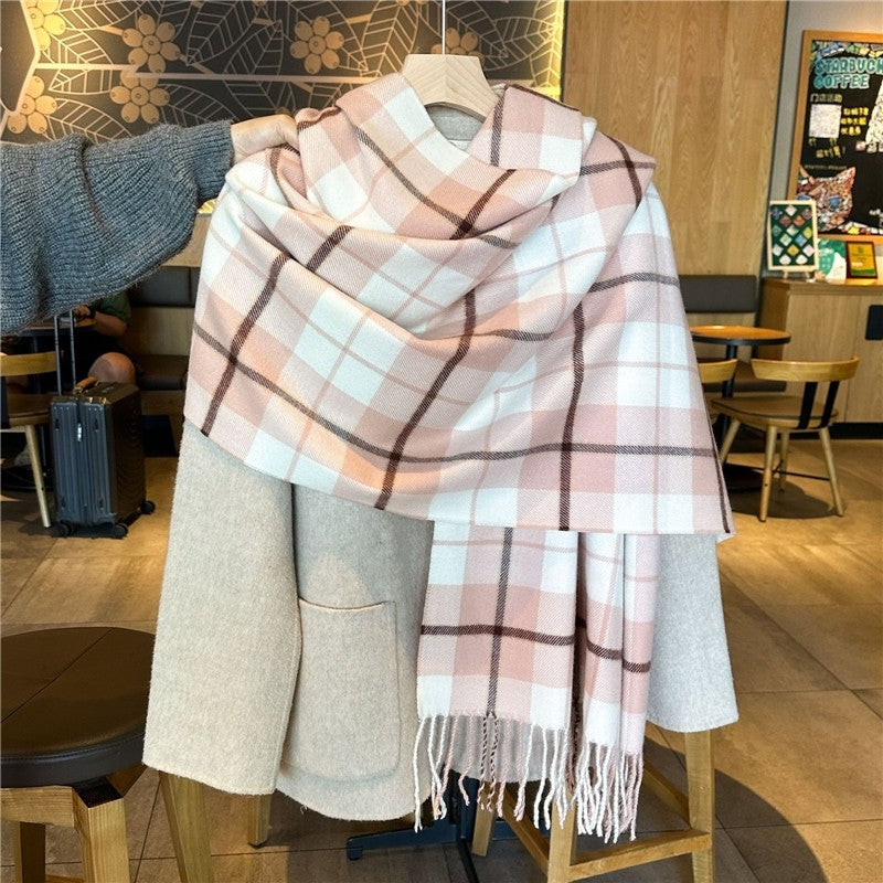 Color Block Plaid Fringe Scarf