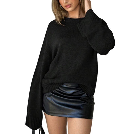 Loose Solid Color Round Neck Long Sleeve Sweater