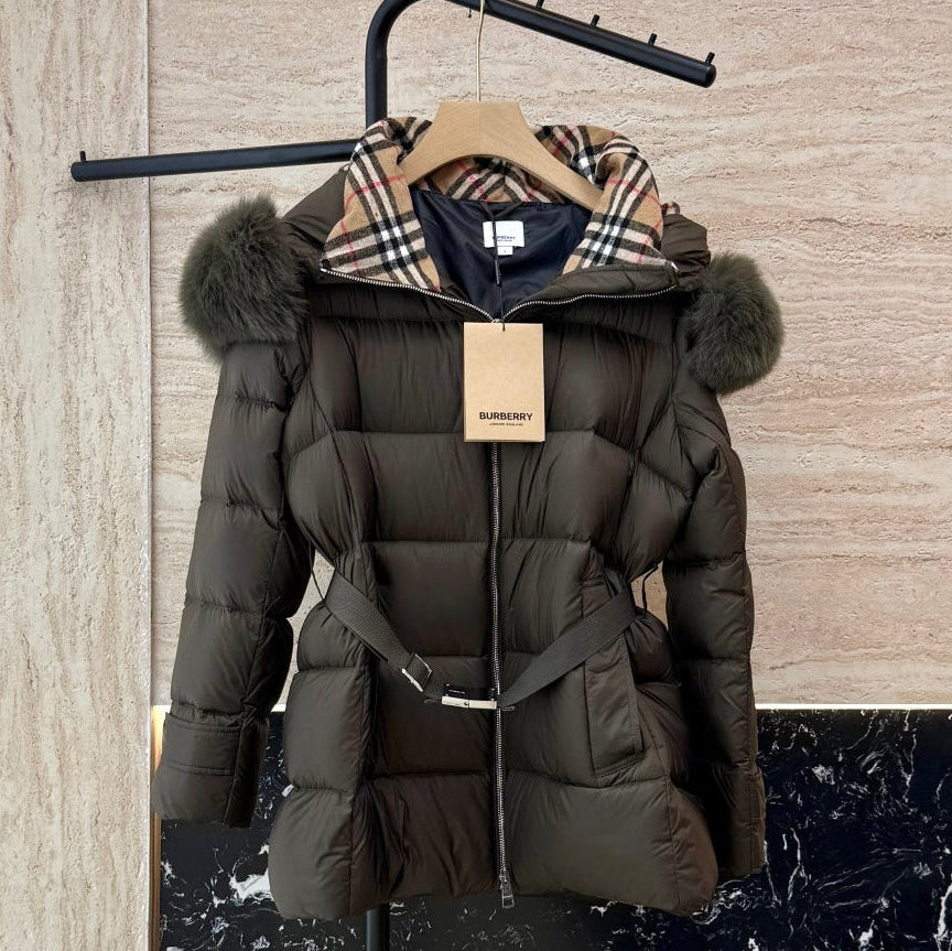 Burberry 25 Fur Collar Plaid Slim-fit Khaki Green Jacket Polyester Down
